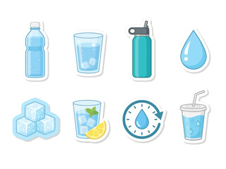 Healthy hydration sticker set with water bottle glass and ice cubes