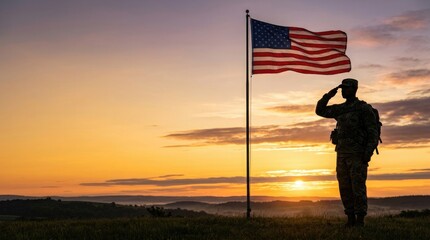 Honoring veterans day silhouette of soldier saluting american flag at sunset patriotic remembrance