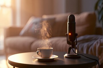 Warm steaming coffee cup beside a podcast microphone on table