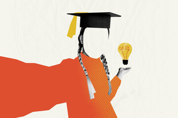 Graduate student holding a glowing lightbulb symbolizing creativity and education in a stylized collage