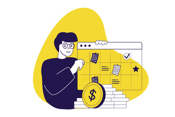 Accounting modern flat concept for web banner design. Man planning billing with schedule system, calculating earning and inspecting financial balance. Vector illustration with isolated people scene.
