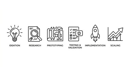 Vector icons representing stages of the creative and learning process in education.