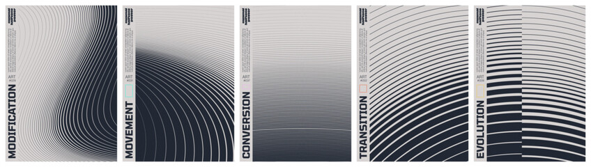 Monochrome technical line grid poster set with kinetic halftone distortion patterns, Minimalist geometric visual transformation and abstract structural evolution artwork with transition effect set 2