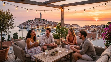 Two Couples Dining at Riverside Café Terrace Overlooking European City