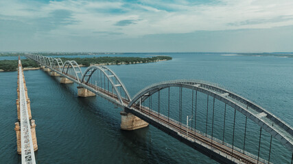 Long Arc Bridge connecting across water on river godavari in Rajahmundry India