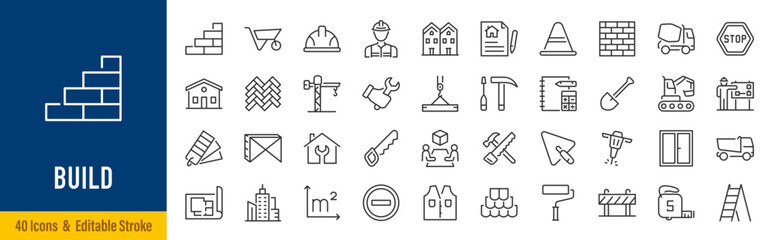 Construction line icons in editable stroke style. Building, architecture, engineering, renovation, contractor, tools, blueprint, house construction collection. Editable stroke. Vector
