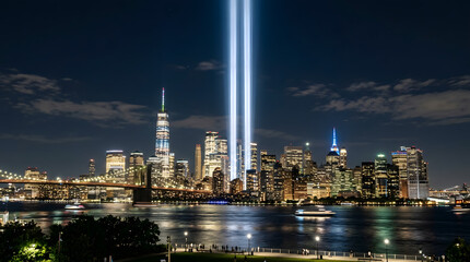 Patriot day tribute illuminated skyline of lower manhattan honoring 9 11 memorial with twin beams of light