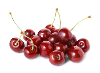 Many fresh ripe cherries isolated on white
