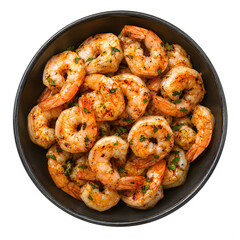 Grilled garlic shrimp with fresh herbs, roasted prawns in a dark ceramic bowl, delicious seafood appetizer for restaurant menus isolated on White Background ai