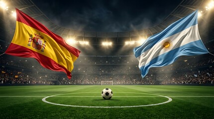 Spain vs argentina football match concept with national flags waving in a crowded stadium at night, soccer ball on the pitch