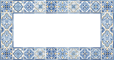 Decorative rectangular frame with blue and white Mediterranean ceramic tile patterns and vintage weathered border design vector