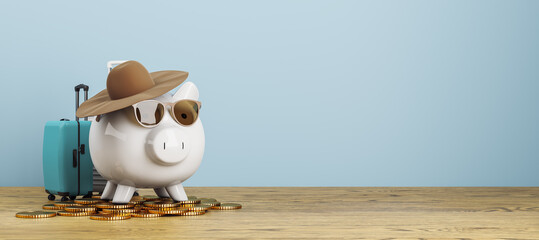 Vacation savings concept with white piggy bank in straw hat and sunglasses, turquoise suitcase and gold coins on wooden table against blue wall. 3D Rendering