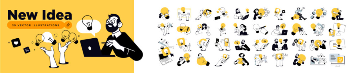 New idea. Set of vector illustrations of big idea, startup, creative and business idea, tips, brainstorming, project development, innovative solutions, product and service launch.