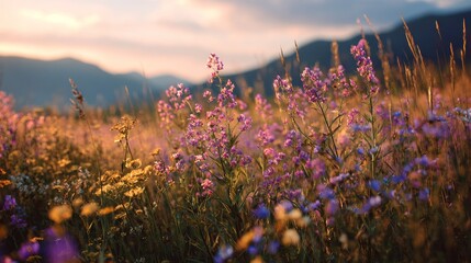 A field of wildflowers blooms under a warm, golden sunset with mountains in the distance, creating a serene landscape