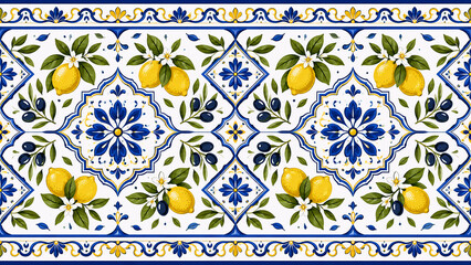 Seamless Mediterranean Lemon and Olive Tile Pattern with Blue Floral Ornament
