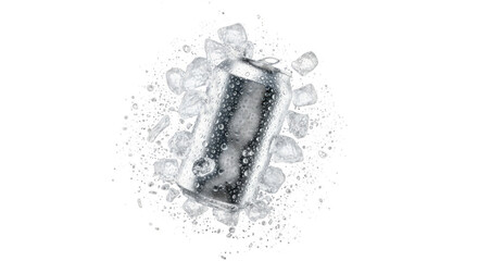 Aluminum soda can with water droplets surrounded by ice cubes isolated on transparent background