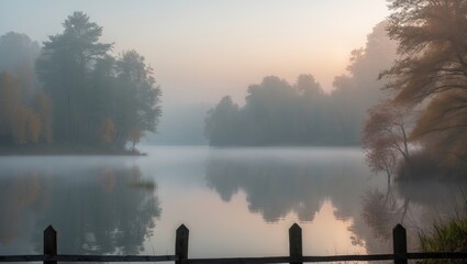 Photograph of a misty lake during the early morning hours.