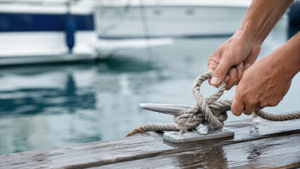 Man securing rope around metal cleat on wooden dock. Sailor docking boat at marina. Nautical mooring equipment for vessel safety. Sailing adventure and marine transport activity concept.
