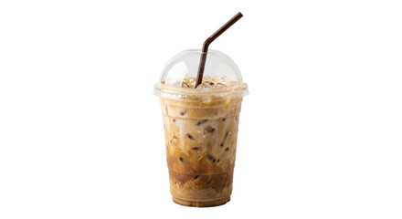 Refreshing iced coffee with cream and ice in a clear plastic cup