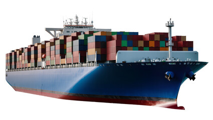 Massive cargo ship loaded with colorful containers, isolated on transparent background