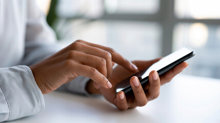 Close up of a womans hands using a smartphone against a bright clean background with soft even light hands only minimal composition business application smartphone mobile
