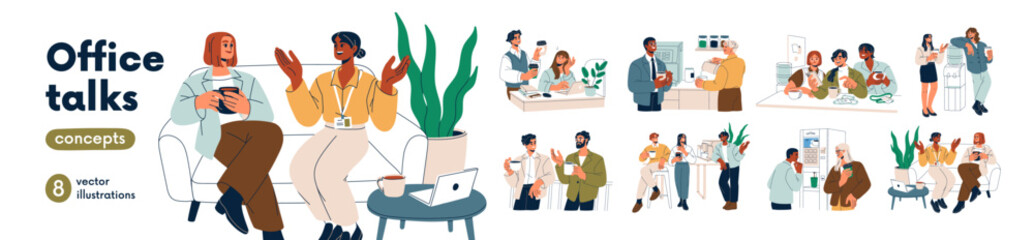 Office talk, coffee break or cooler chat set. Colleagues, friends speaking, gossiping at work. Workplace conversations, informal communication. Flat vector illustrations isolated on white background