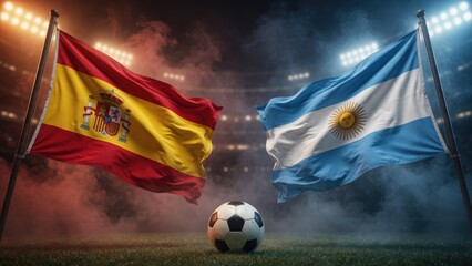 Flags of Spain and Argentina wave dramatically, symbolizing fierce rivalry in soccer