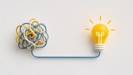 Tangled wire untangling into glowing yellow lightbulb. Concept of creative brainstorming, problem solving, and business solution.