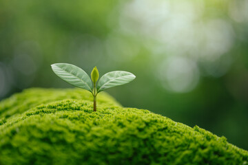 Environment and sustainability concept. Young Plant growing on green moss in forest for new life, ecological balance, biodiversity, conservation, renewable resources and sustainable development.
