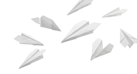 Multiple white paper airplanes flying in different directions against a white background