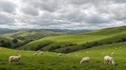 Sheep graze across rolling green hills beneath dramatic clouds, offering a peaceful rural landscape for agriculture, tourism, or countryside branding.