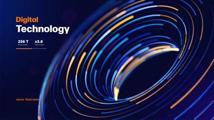 Digital Technology Futuristic Neon Background With Abstract Torus Geometric Shape Vibrant Data Streams And Modern Tech Style. Digital Backgrounds. Vector Illustration.