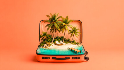 An open suitcase reveals a miniature tropical island with palm trees and turquoise water.