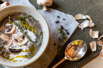 Creamy mushroom soup with herbs.
