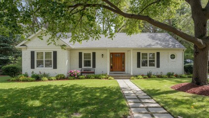 The entrance of a newly updated white-brick ranch home with a spacious yard.