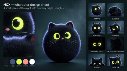 Cartoon mascot character design sheet featuring a round black cat with large yellow eyes, showcasing various poses and expressions in a colorful mockup format