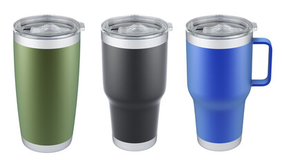 Travel mug tumbler set isolated on white background - 3d illustration