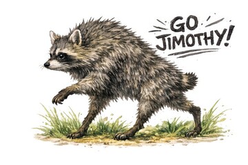 A famous raccoon named Jimothy, with a congenital spine condition, runs energetically through the grass, while the phrase 