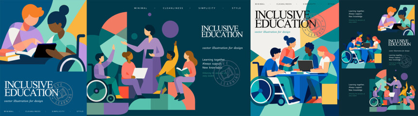 Inclusive education. Vector modern illustration of a lesson with a teacher, diverse students, wheelchair users and learning in a geometric style for a school, college, background, poster or banner.