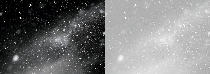 Falling snow overlay effect on black and transparent background. Realistic winter blizzard and snowflake particles design element