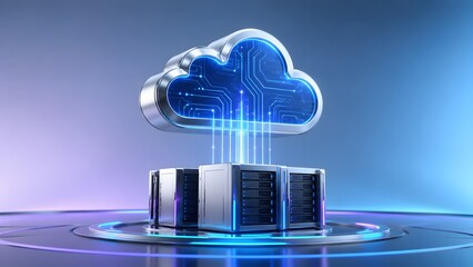 Advanced cloud computing infrastructure features a glowing metallic cloud icon with digital circuits, securely transferring data streams to server racks for robust global connectivity.