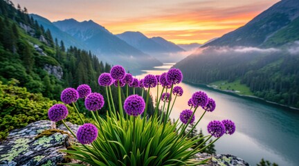 Purple allium flowers grow on rocky mountain slope overlooking serene lake and distant peaks at sunrise. Rich green trees line water. Peaceful nature scene.