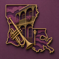 Louisiana jazz balcony layered paper cut illustration