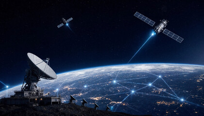 Satellite network beam connectivity to earth global telecommunication ground station infrastructure with satellite communication technology connection transmission infrastructure wireless