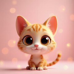 Orange ginger tabby kitten with large eyes sits against soft pink background. Adorable cartoon cat head features whiskers, tiny nose. Friendly feline portrait pastel bokeh lighting. Cute animal