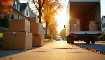 Cardboard boxes stacked on sidewalk next to moving truck parked on sunny suburban street. Brown parcel containers wait for loading during house relocation process. Residential neighborhood road