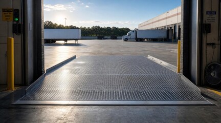 Empty loading dock bay looking out at a distribution center yard with parked semi trailers.