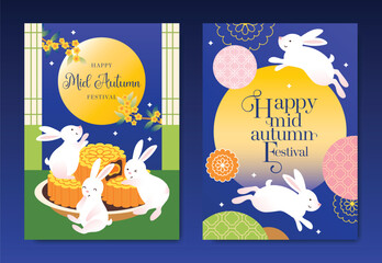 Mid Autumn Festival poster templates vector. Asian moon celebration designs with rabbit, lantern, clouds and floral elements for greeting card, banner, invitation and social media.