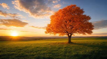 A lone tree with vivid orange autumn foliage stands in a green meadow at sunset, ideal for seasonal travel, nature, wellness, or environmental promotions.