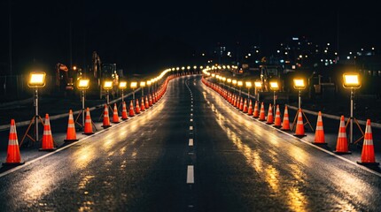 A reflective road at night lined with traffic cones and illuminated by long rows of bright lights.